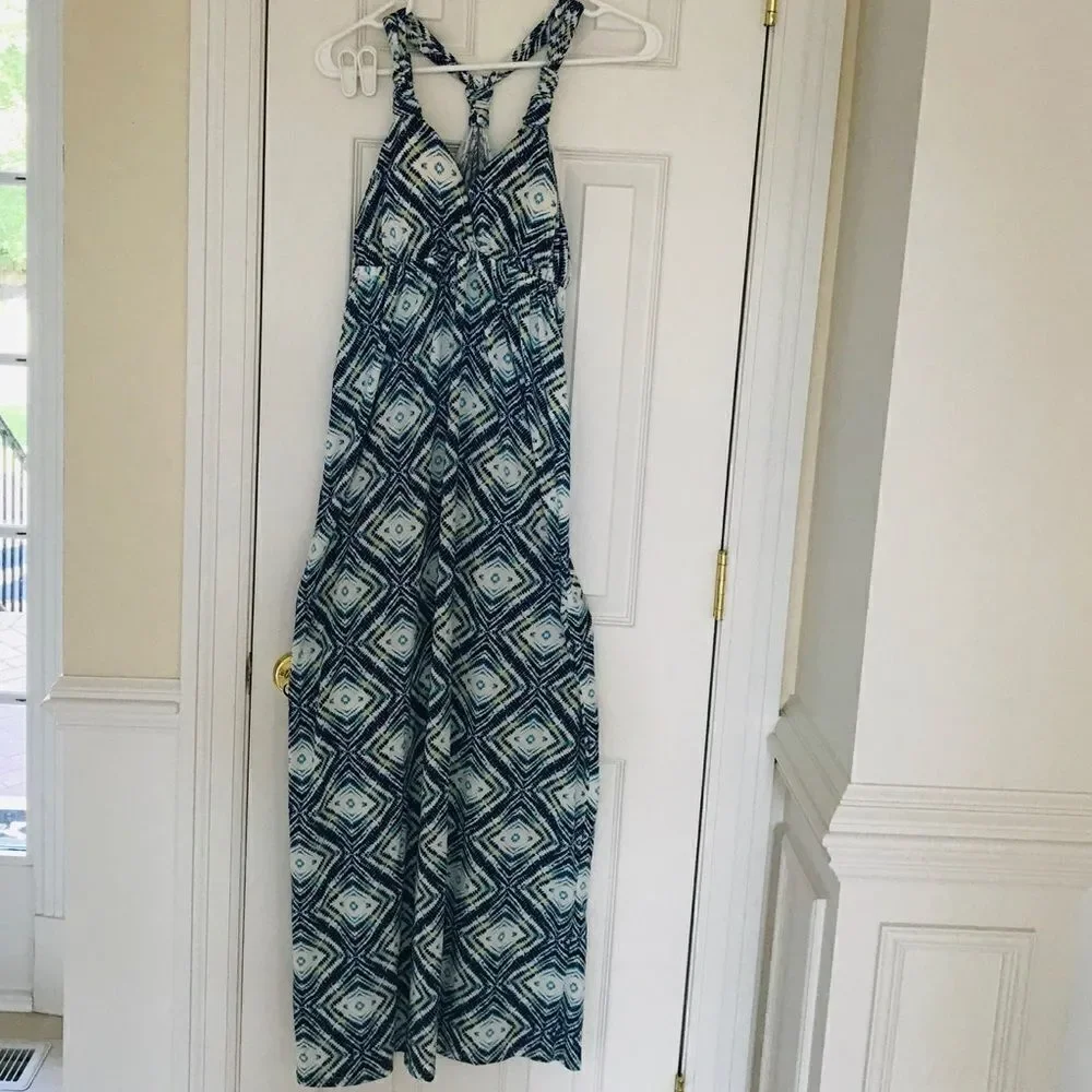 New PINk ROSE ikat Maxi Sundress Blue White M